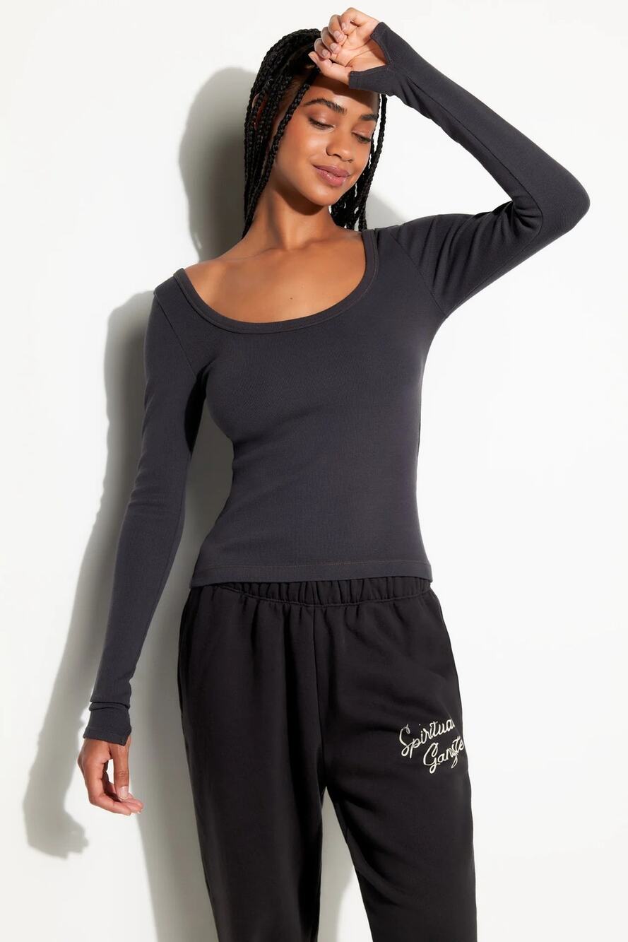 NWT Spiritual Gangster Sz M Ash Gray Chrissie Long Sleeve Ribbed Scoop Neck Top